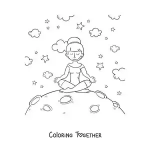 Coloring page of a girl meditating on the Moon
