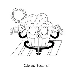 Coloring page of a cartoon of a cute cupcake meditating