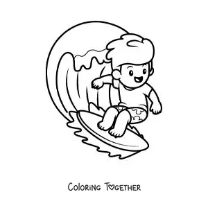 Coloring page of a cartoon boy surfing a wave
