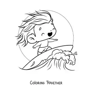 Coloring page of a kawaii boy surfing a wave
