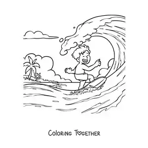 Coloring page of a boy surfing at the beach