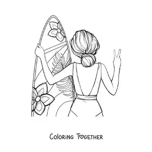Coloring page of a girl seen from behind with her surfboard