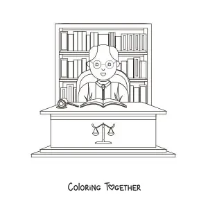 Coloring page of a lawyer with a gavel at his desk