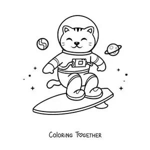 Coloring page of a cartoon astronaut cat surfing in space