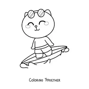 Coloring page of a cartoon cat surfing with sunglasses