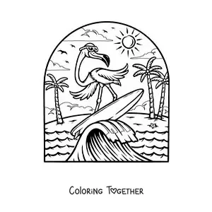 Coloring page of a cartoon flamingo surfing at the beach