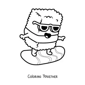 Coloring page of a cartoon sushi roll surfing at the beach