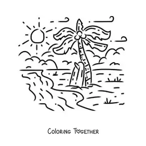 Coloring page of a surfboard on the sand at the beach