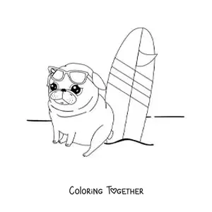 Coloring page of a cartoon pug next to a surfboard on the sand