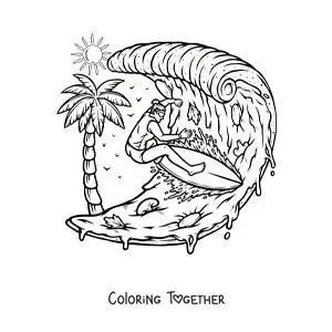Coloring page of a girl surfing a wave of pizza