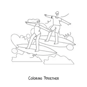 Coloring page of a couple surfing