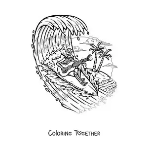 Coloring page of a skeleton playing the guitar while surfing at the beach