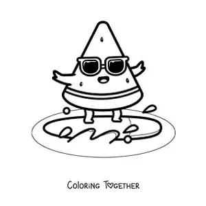 Coloring page of a cartoon slice of watermelon surfing