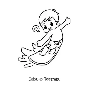 Coloring page of a cartoon boy surfing