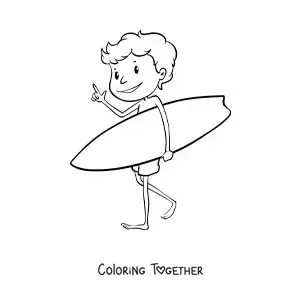 Coloring page of a cartoon surfer boy