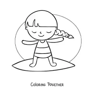 Coloring page of a cartoon girl surfing
