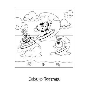 Coloring page of cartoon fruits surfing at the beach