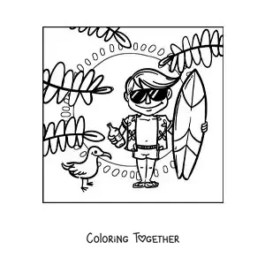 Coloring page of a surfer boy at the beach with sunglasses and a bottle