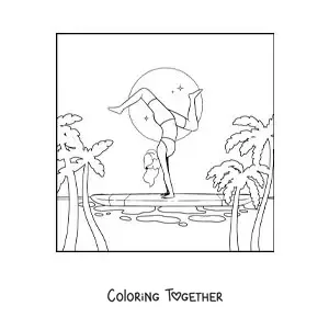 Coloring page of a girl doing tricks on a surfboard at the beach