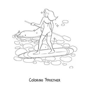 Coloring page of a girl doing stand-up paddle surfing