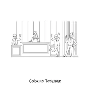Coloring page of a cartoon judge and lawyer at a trial