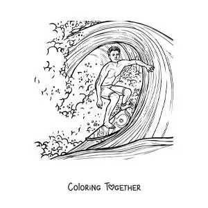 Coloring page of a boy surfing a wave in a realistic style