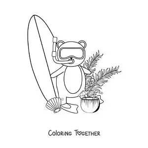 Coloring page of a cartoon surfer bear
