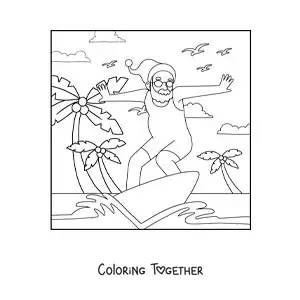 Coloring page of a cartoon Santa surfing at the beach