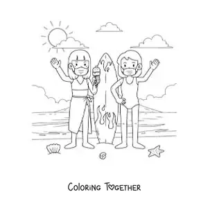 Coloring page of two girls at the beach wearing masks next to a surfboard