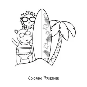 Coloring page of a cartoon surfer hippo at the beach