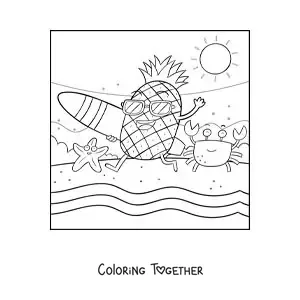 Coloring page of a cartoon surfer pineapple running into the sea at the beach