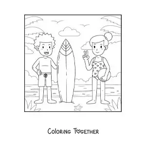 Coloring page of a surfer boy and a girl with a ball at the beach
