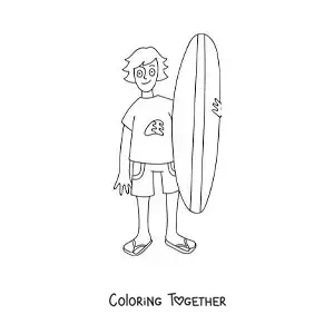 Coloring page of a cartoon of a surfer boy