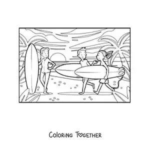 Coloring page of a group of young surfers at the beach