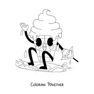 Coloring page of a cartoon of an animated ice cream surfing