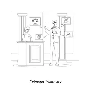 Coloring page of a lawyer questioning at a trial