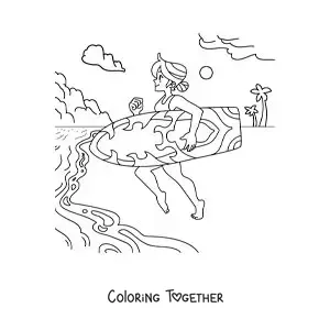 Coloring page of a surfer girl running into the sea at the beach