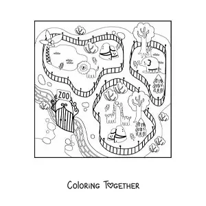 Coloring page of a zoo with giraffes, elephants and lions