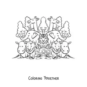 Coloring page of a zoo with all its cartoon animals