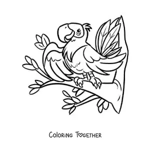 Coloring page of a cartoon zoo macaw in a tree