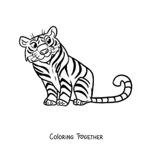Coloring page of a cartoon zoo tiger sitting down