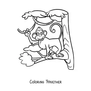 Coloring page of a cartoon zoo monkey in a tree