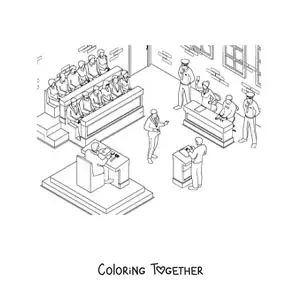 Coloring page of a scene with a judge and a lawyer at a trial