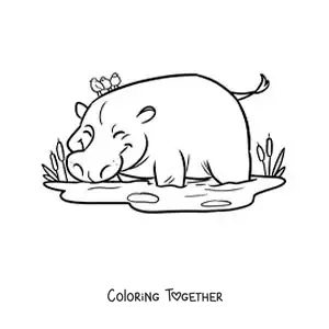 Coloring page of a cartoon zoo hippo drinking from a pond