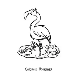 Coloring page of a cartoon zoo flamingo in a pond