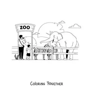 Coloring page of a boy and his father visiting the zoo