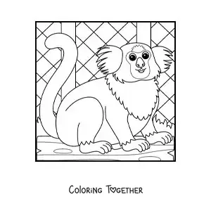 Coloring page of a cartoon zoo marmoset monkey in a cage