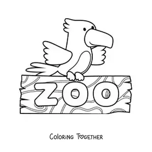 Coloring page of a cartoon of a bird perched on a zoo sign