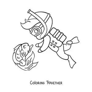 Coloring page of a boy diving next to a cartoon fish
