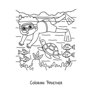 Coloring page of a boy diving on the sea floor with fish and a turtle